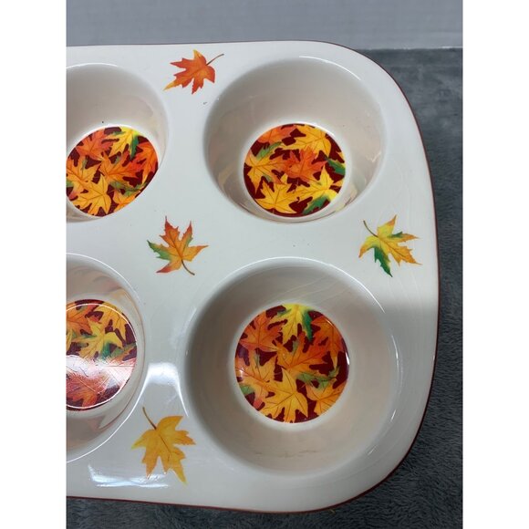 Ceramic Fall Leaves Muffin Pan Design 6-Cup By Certified International seasonal - Picture 4 of 11